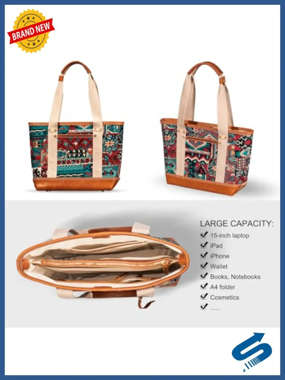 Canvas Leather Tote Bag Women Travel Work Bag Magnetic Closure Laptop iPad